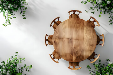 Round wooden dining table with chairs and decorative green plants on a white background.Top view furniture layout for interior design mockup with place for text.Design for poster,banner, advertisement