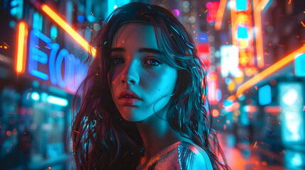 Enchanting woman's face with soft light reflection and raindrops, set against a neon cityscape