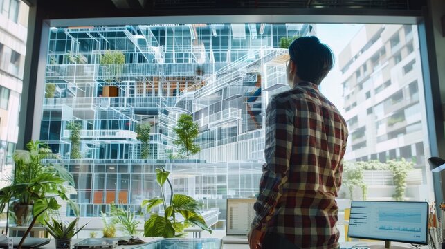 an architect reviewing a large interactive AI-generated hologram of a construction project