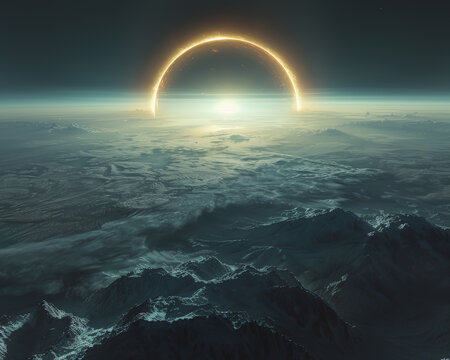 Eclipse observed from a space station orbiting an alien planet, sci-fi high-resolution illustration