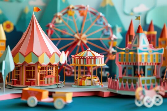 Papercraft art stock image of a colorful carnival scene paper ferris wheel and booths