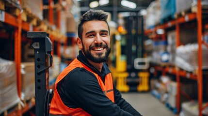 Happy forklift driver smiling at camera in the warehouse background, AI Generative