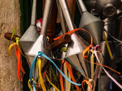 Many metal maracas decorated with colorful ribbons, a percussion musical instrument, typical of the bumba boi dance, from the state of Maranh&atilde;o, in northeastern Brazil.