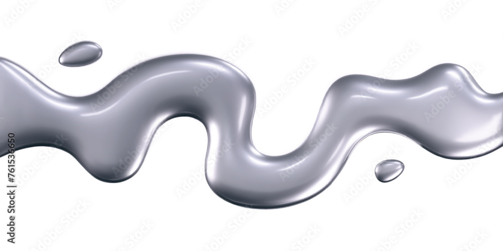 Wall mural 3d chrome liquid wave with drops isolated. render of fluid metal ribbon with reflection gradient eff