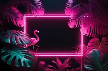 Fototapeta na wymiar Glowing neon light with tropical monstera leaf and pink flamingo. Leaves and branches of palm trees. Generative AI. Neon frame blank space for text, flat lay, view from above
