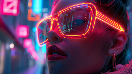 This image captures the ethereal neon reflections on the subject's profile, evoking intrigue within an urban, modern context