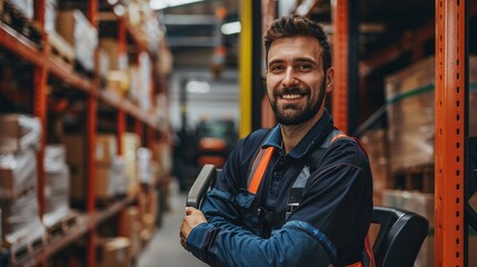 Happy forklift driver smiling at camera in the warehouse background, AI Generative