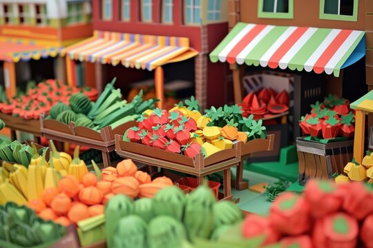 Papercraft art stock image of a bustling farmers market paper fruits and vegetables stalls