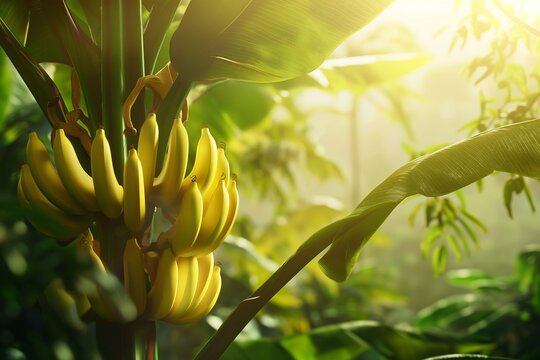 ripe bananas on a banana palm tree with green leaves and sunlight
