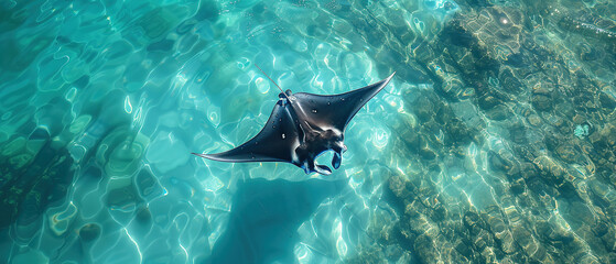 Manta Ray swimming, shallow water, ocean, shot from above