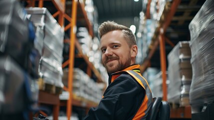 Happy forklift driver smiling at camera in the warehouse background, AI Generative