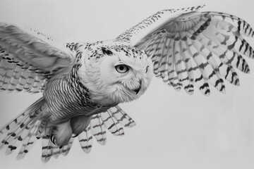 Detailed pencil drawing of a snowy owl in mid-flight