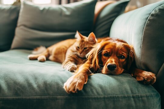 Dog and cat best friends, dog and cat lying together on the sofa, cushions sunny light