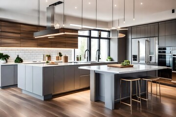 Kitchen interior in beautiful new luxury home with kitchen island and wooden floor