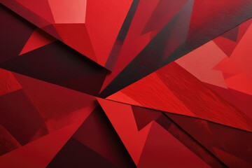 Abstract painting, vibrant crimson background, overlapping triangles in various hues of red, casting soft shadows, texture visible under a glossy finish, dramatic lighting, highly detailed, ultra-fine