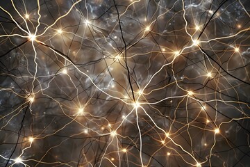 Illuminated neural network structure art - Art depicting a lifelike neural network glowing with connections, signifying concepts of brain activity, intelligence, and the complexity of thought
