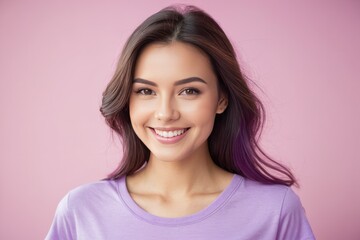 Fototapeta premium Charming, cute woman wearing a purple t-shirt, smiles, filling the frame, isolated on a pink background, natural light, high-key exposure, photography terms like bokeh effect, soft focus, pastel tones