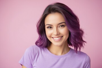 Fototapeta premium Charming, cute woman wearing a purple t-shirt, smiles, filling the frame, isolated on a pink background, natural light, high-key exposure, photography terms like bokeh effect, soft focus, pastel tones