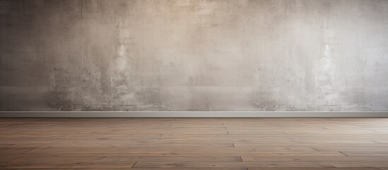 A beige rectangular room with a hardwood floor and concrete walls. The wooden flooring adds warmth to the space, with tints and shades of brown