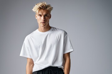 Blond, sporty European male, 25 years old, sporting a short hairstyle, docks a pose wearing an...