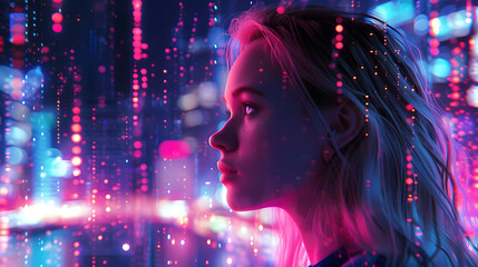 Mysterious woman in a neon-lit city with abstract lights represents futuristic nightlife