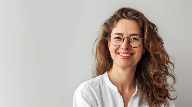 closeup of beautiful young woman's face, clean makeup free glasses, isolated on plain light white studio background with copy space