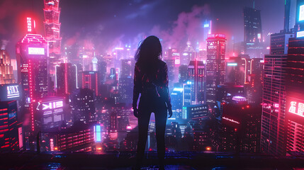 A woman stands silhouetted against a sprawling neon-lit futuristic cityscape, projecting a sense of wonder and anticipation