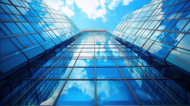 Modern city building architecture with glass fronts on a clear day