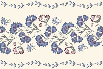 Blue Floral pattern vintage seamless embroidery white background. Ikat flower motif oriental seamless pattern traditional. Aztec style abstract vector illustration vintage design for print template.