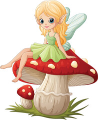 Cartoon fairy sitting on a mushroom 