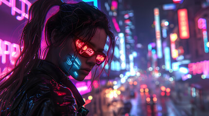 A female figure is featured against a backdrop of vibrant neon lights in a bustling urban night setting, highlighting the contrast between person and city life