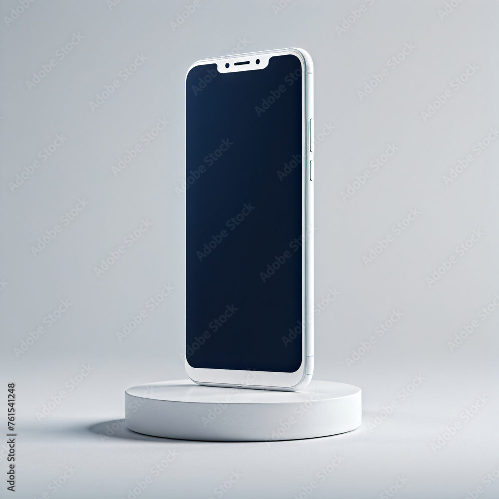 Poster sleek white smartphone with a blank screen displayed on a minimalist round stand against a soft gray