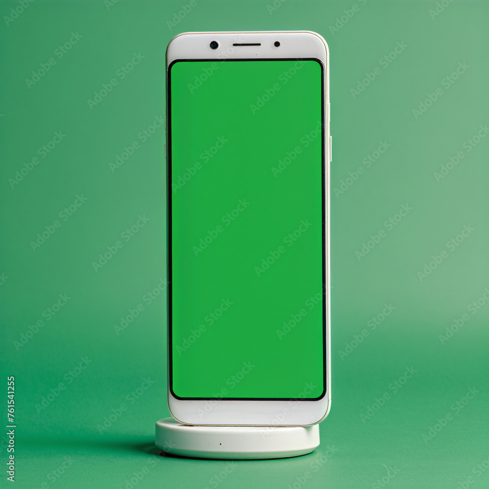 Aufkleber mobile phone with green empty screen display on isolated background, mockup template design
