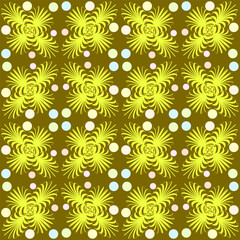 Seamless vector pattern, ornament with flowers, swirls and circles in trendy colors.