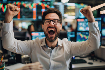 Happy crazy euphoric rich business man stock trading exchange market investor broker, businessman trader winner celebrating success financial charts growth. Money profit win, stock market growth.