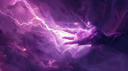 sleek stylized simple graphical ttrpg game card design of lightning flowing from a hand delivering a devistating shock and explosion of electricity colors of purple - obrazy, fototapety, plakaty