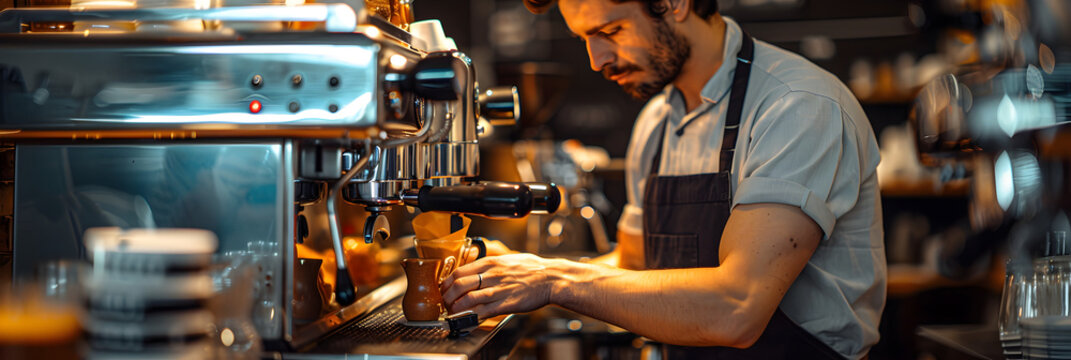 Professional Coffee Machine Making Espresso,
Barista cafe making coffee preparation service concept