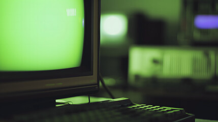 Old computer monitor with green screen displayed.