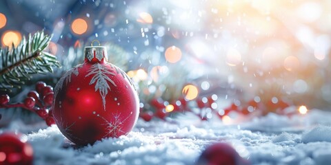 Fototapeta na wymiar Christmas holiday background with red ball on snow