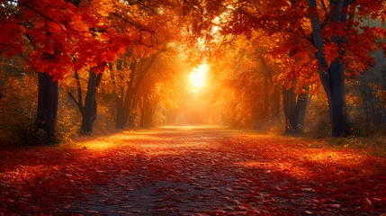 Keuken spatwand met foto Autumn forest path. Orange color tree, red brown maple leaves in fall city park. Nature scene in sunset fog Wood in scenic scenery Bright light sun Sunrise of a sunny day, morning sunlight view © jaylan