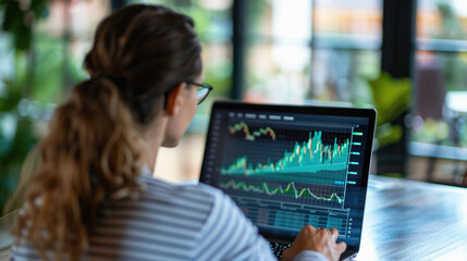 Stock trading investor, trader or broker working analysing exchange market using laptop computer investing money in rising financial market analyzing charts data on computer screen.