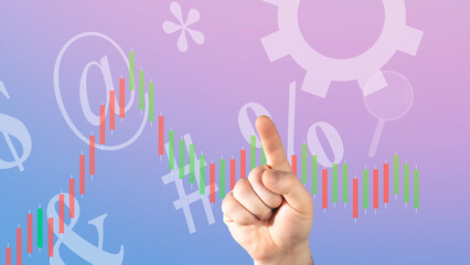 Virtual Display and Stock Chart, Concept, Hand Pointing To Graph Growth On Transparent Modern Screen