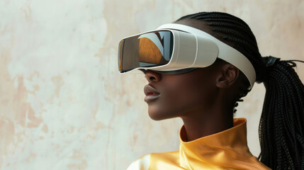 A youthful individual is captivated by the virtual landscape through the VR headset against a textured backdrop