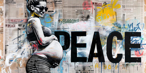 Graffiti, collage of grunge newspapers and multicolored painting splash, illustration of a pregnant caucasian woman for peace and love, urban graphic artwork, street art, mixed media