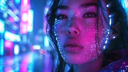 Close-up image of a woman's face covered with sparkling neon reflections, highlighting her delicate features