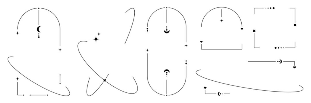 Modern minimalistic linear frames, with stars, heart, sparkle. Arched frame with glitter for social media posters, banners in y2k style.