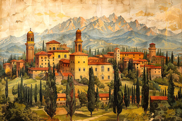 Tuscan landscape, Italian village against the backdrop of mountains and trees. Drawing for poster, wallpaper. - obrazy, fototapety, plakaty
