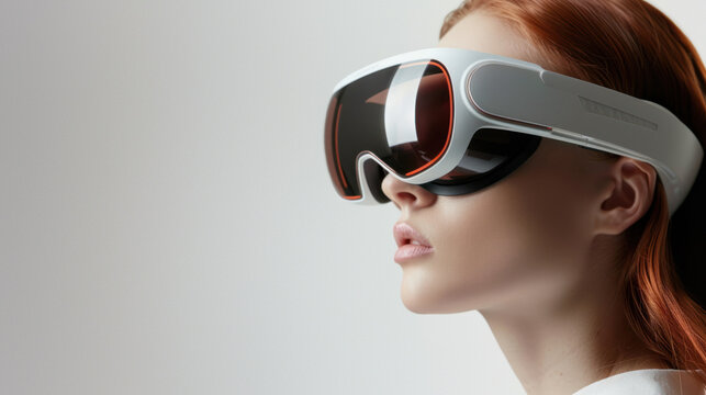 A woman models white futuristic sunglasses against a plain background, reflecting a tech-savvy look