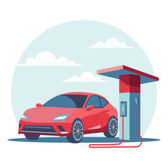 Modern electric car at a charging station. Green technology. Illustration, vector