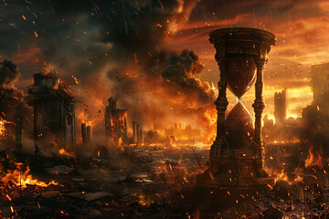 apocalyptic scene with fiery skies and crumbling structures, where an hourglass stands unyielding amidst the chaos, marking the final moments before doomsday,